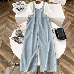 背带阔腿裤女浅色