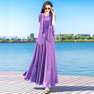 淡紫色雪纺连衣裙女夏套装裙2023流行气质修身显瘦长裙开衫两件套