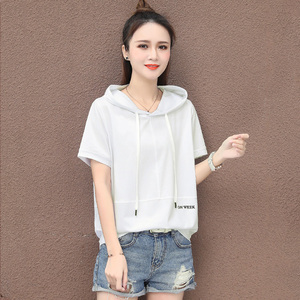 白色卫衣女短袖带帽夏天戴帽t恤女遮肚子夏季35岁四十岁洋气小衫