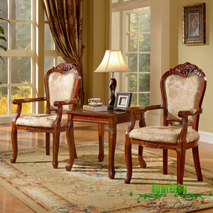 美式古典实木休闲椅茶几 布艺扶手椅欧式餐椅 手工雕花咖啡麻将椅