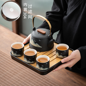 黑陶功夫茶具小套装粗陶日式家用办公茶盘茶具黑禅风轻奢茶壶茶杯