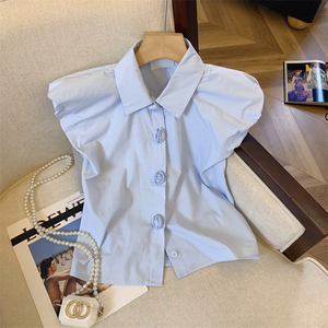 韩系穿搭法式飞飞袖蓝色衬衫女夏季polo领玫瑰衬衣设计感别致上衣