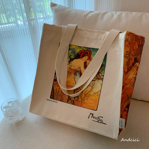 艺术博物馆~穆夏mucha四季油画拉链帆布包女单肩包学生书包购物袋