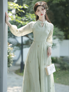 新中式复古优雅绝美气质绿色连衣裙子超仙女公主裙生日小礼服秋冬