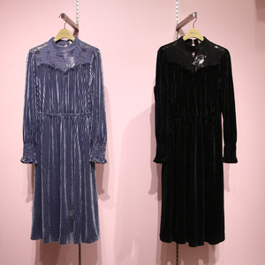阿依莲女装2018冬装新款国内代购蕾丝拼接丝绒连衣裙184281a617