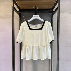 麦寻专柜正品夏款oxss2130温柔风泡泡袖雪纺衫短袖薄款洋气方领女