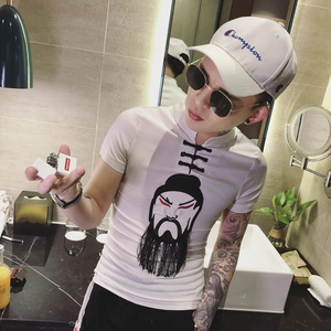 6608-p35快手社会精神小伙爆款关公流苏修身立领短袖t恤男上衣 白