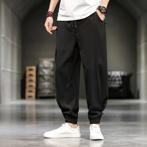 夏季新款中国风亚麻冰丝灯笼裤子男士宽松阔腿哈伦裤空调休闲裤男