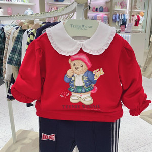 女童婴童卫衣小熊童装毛圈纯棉红色娃娃领儿童衣服T0MW223851A