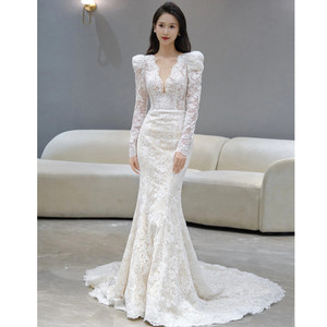 轻婚纱新娘2024新款白色显瘦鱼尾拖尾蕾丝长袖韩式简约迎宾礼服裙