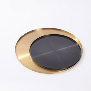 现代轻奢金属圆形简约托盘样板房售楼处钛黑拉丝极简风格软装饰品