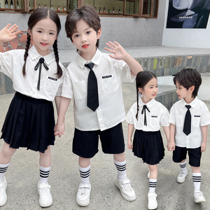儿童领带白衬衫男童短袖黑裤套装女童宝宝儿童幼儿园六一毕业拍照