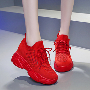 红色鞋子女2021年夏天内增高网鞋10厘米透气女士韩版休闲老爹鞋女