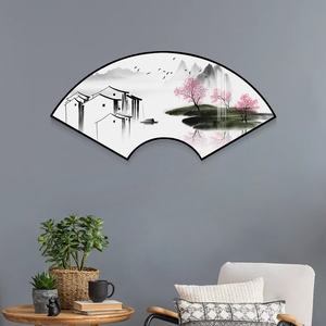 江南水墨新古典扇形装饰画客厅玄关走廊门厅挂画禅意山水画壁沙发