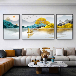 客厅装饰画现代轻奢沙发背景墙三联画新中式大气山水画挂画晶瓷画