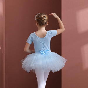 儿童舞蹈服纯棉夏季短袖女童练功服蓝色幼儿芭蕾舞亮片纱裙中国舞