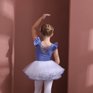 儿童舞蹈服纯棉蓝色无袖女童练功服夏季幼儿芭蕾舞裙考级连体套装