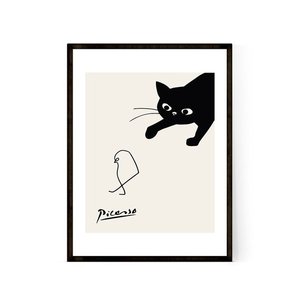 picasso丨毕加索 猫和鸟黑白印刷海报画 抽象装饰画 大幅落地画