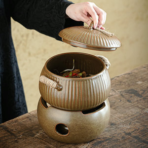 日式陶罐炖盅复古砂锅陶瓷汤煲家用煤气灶煲汤麻绳双耳锅炖锅底座