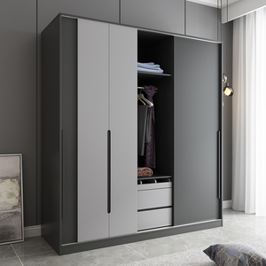 北欧简约家用卧室三开门灰色大衣柜 现代推拉门经济型衣橱收纳柜