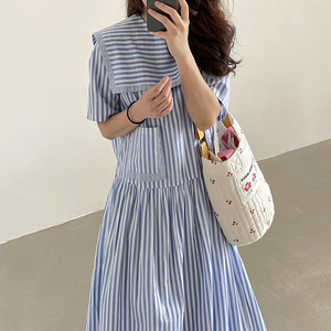 韩国chic小众海军领条纹宽松连衣裙女夏季新款法式文艺范显瘦裙子