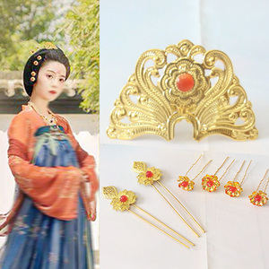 唐制诃子裙汉服发饰敦煌楼兰发冠河灯碧玉发簪杨贵妃玉环发髻头饰