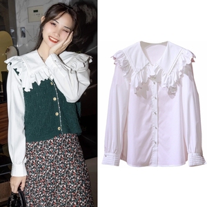 a1cab410181百搭大翻领衬衫纯棉娃娃领蕾丝边女装 曈曚太平鸟嫌菲