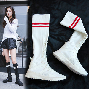 超火袜子鞋女夏中筒白色袜靴飞织厚底内增高运动风长筒瘦瘦靴大码