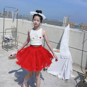 女童夏季红色蓬蓬裙2024韩版新款中大童装洋气大摆短裙网纱公主裙