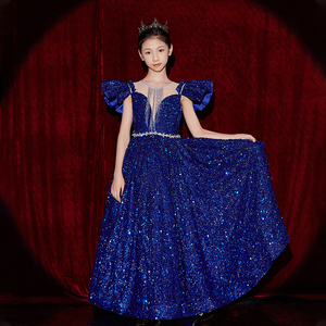 克莱因蓝色亮片女连衣裙闪亮齐地公主裙钢琴演奏主持婚礼演出礼服