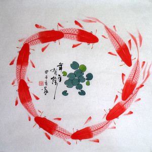 纯手绘国画真迹客厅玄关装饰风水画四尺斗方朱砂红九鱼图转运图54