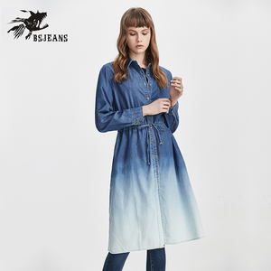 bs2b/小魔鱼女装牛仔衬衫女秋季新款收腰撞色女士中长款长袖