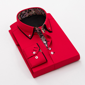 金盾春夏男士修身长袖衬衣中国风双领大红色时尚拼领商务休闲衬衫