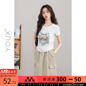 YOUX【童话镇】短款上衣女2024夏季新款时尚印花褶皱圆领短袖t恤