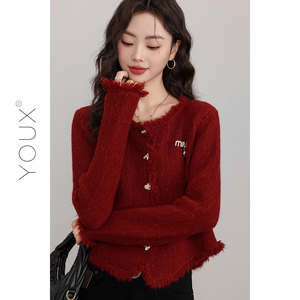 YOUX【韩影红韵】女装2024新款春款红色毛衣女氛围感短款针织开衫