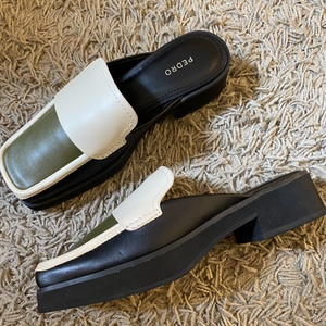 ped*ro穆勒鞋洋气个性包头拖拼色方头粗跟乐福鞋拖鞋中跟休闲女拖