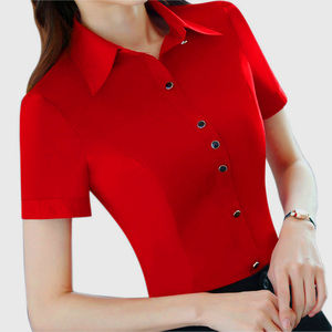 红色衬衫女2024新款夏季韩版短袖时尚气质修身收腰工作服职业衬衣