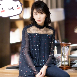 雪纺衫春夏欢乐颂2刘涛安迪明星同款黑色印花衬衫打底衫衣服上衣