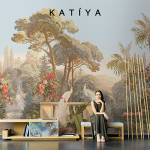 美式手绘艺术白孔雀壁纸客厅沙发网红直播壁布电视背景墙8d无缝墙