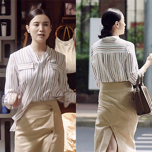 小舍得南俪宋佳同款飘带条纹衬衫女2021春季复古衬衣高级小众上衣