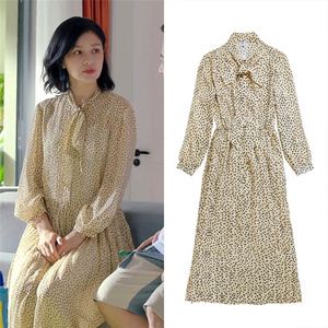 陪你一起长大何景华胡可同款衣服女波点印花连衣裙夏季宽松雪纺裙