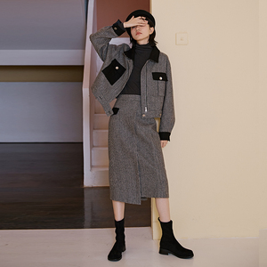 冬季时尚工装风格子2件套气质通勤小香风羊毛呢短外套半身裙套装