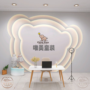童装直播间立体几何壁纸服装店母婴生活馆前台logo背景墙纸高级感