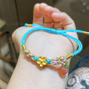 硬金真金纯黄金小桃花女手链樱花吊坠桃子金珠转运珠编绳编织手绳