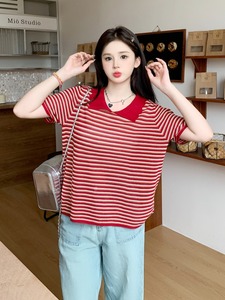 红色条纹冰丝针织衫T恤大码女装夏季韩版宽松正肩小翻领短袖上衣