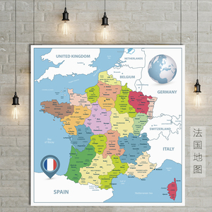 法国地图插画英文版客厅办公室挂画墙画壁画防水油画布地图装饰画