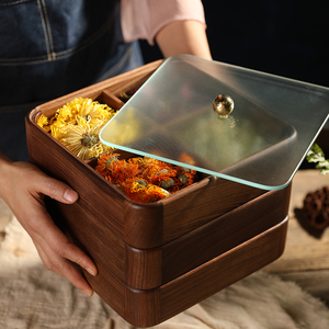 实木坚果盒零食糖果盘客厅干果盒分格带盖创意家用多层收纳储物盒