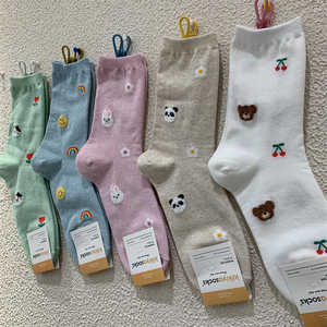 韩国kikiyasocks春季新款女袜东大门甜美卡通小熊猫彩虹中筒袜子