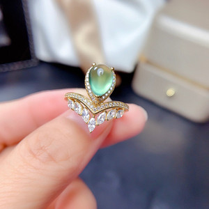 新款s925银天然葡萄石戒指日韩幸运宝石女戒水滴水晶指环冰种戒子