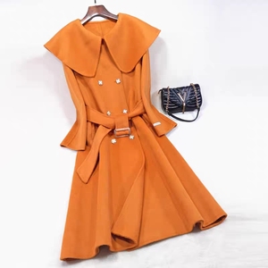 双十一顺鑫服饰2020年海军领双面羊绒大衣女南瓜色双排扣系带外套